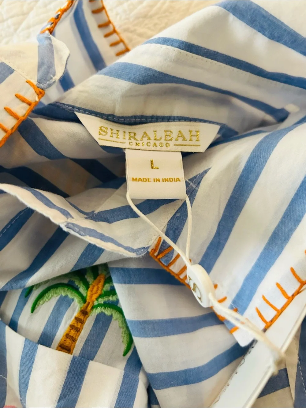 Shiraleah Blue & White Striped beach Shirt Dress with Embroidery large
